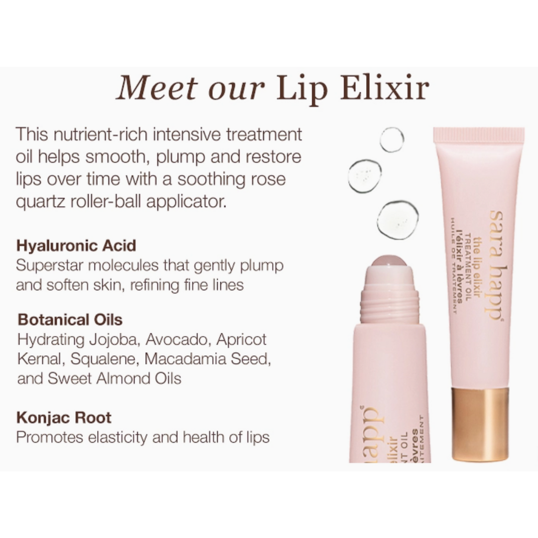 Luxurious lip therapy with Sara Happ's Lip Elixir for a hydrated, plump pout.