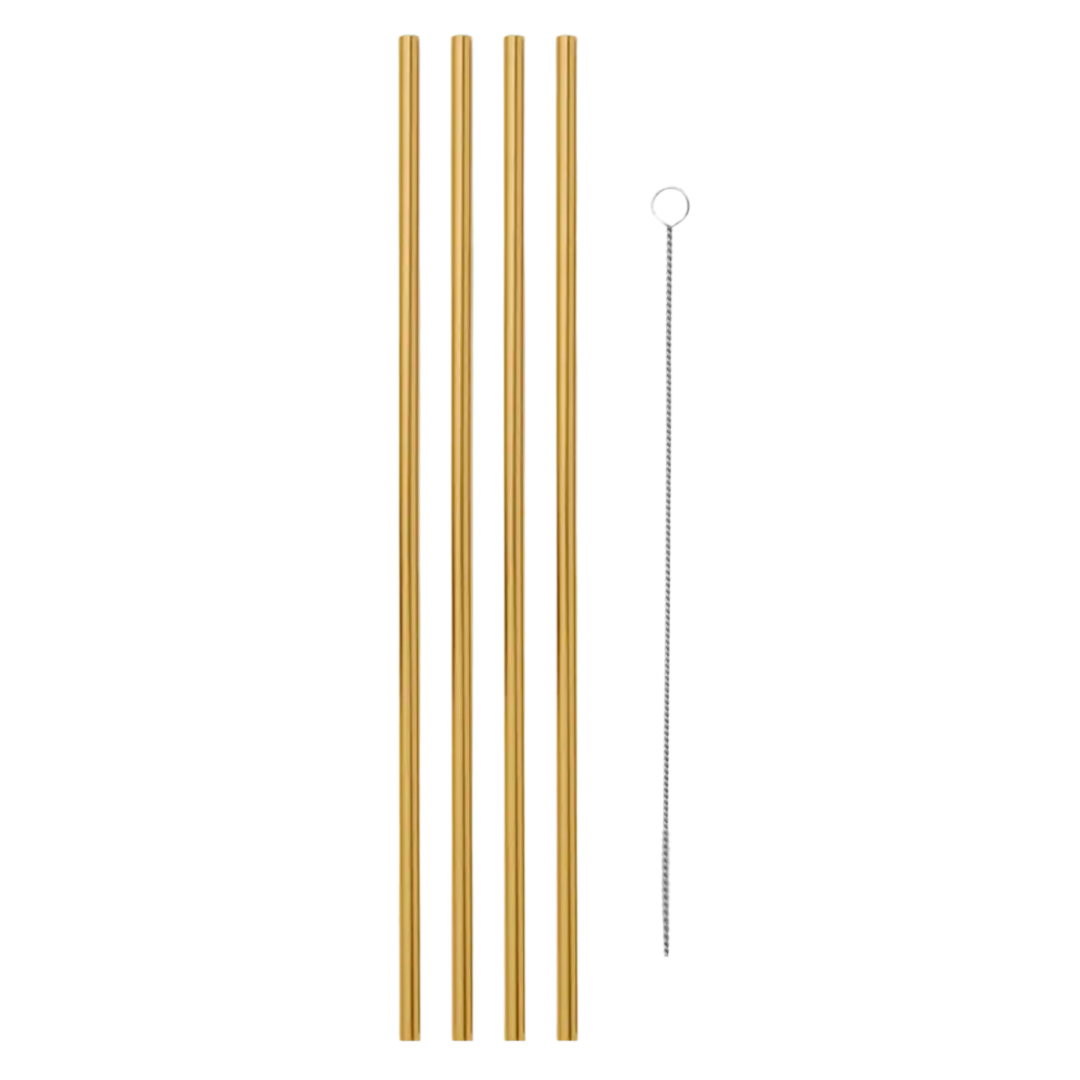 Set of four gold reusable metal straws and cleaner to elevate your drinks to the next level.