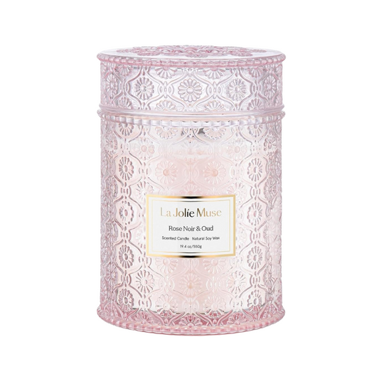 Luxurious 19.4 oz La Jolie Muse Rose Noir & Oud Candle, a captivating blend for a sensory experience. Elevate your gift with this exquisite addition at Me To You Box.