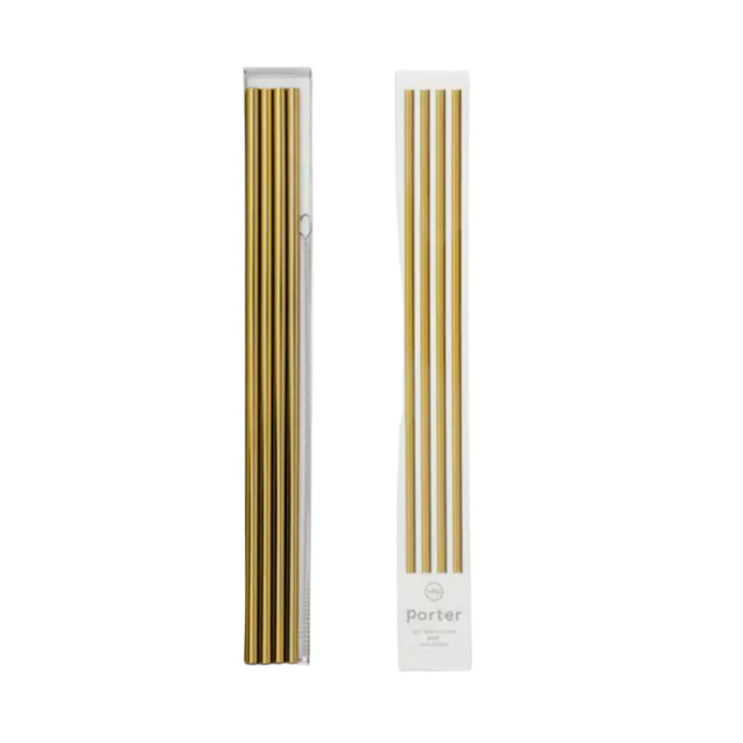 Gold reusable straws set of four with a cleaner made by porter.