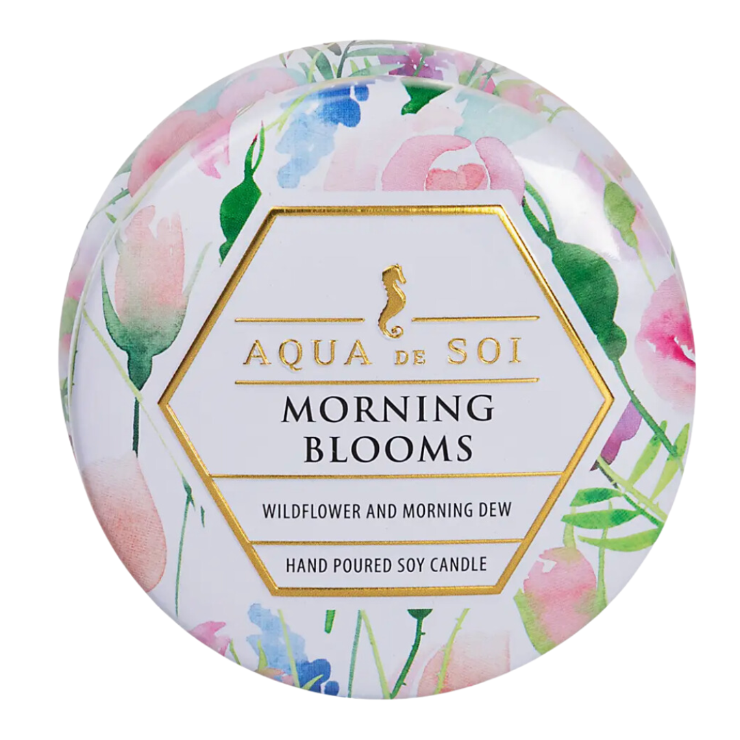 Transform your ambiance with the soothing glow of 4oz Morning Blossoms Soy Wax Candle in a stylish flower tin.