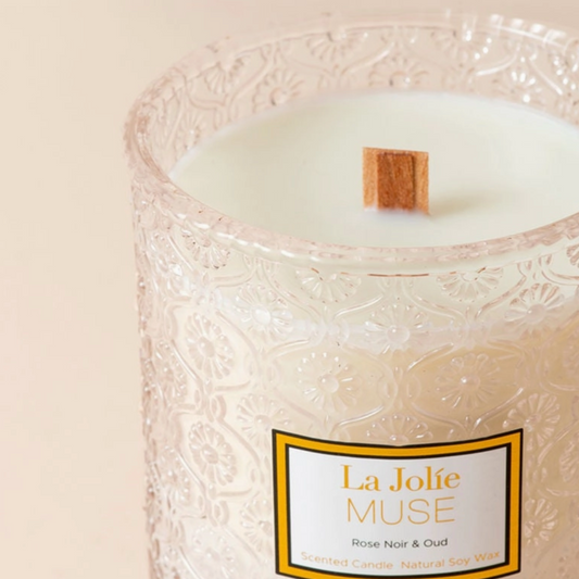 Indulge in the alluring scent of La Jolie Muse Rose Noir & Oud Candle, 19.4 oz. Customize your perfect gift box at Me To You Box by adding this enchanting fragrance to your selection.