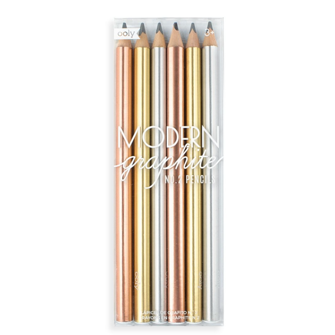 Sleek set of 6 modern graphite pencils in gold, silver, and copper solid colors, adding sophistication to your writing essentials.