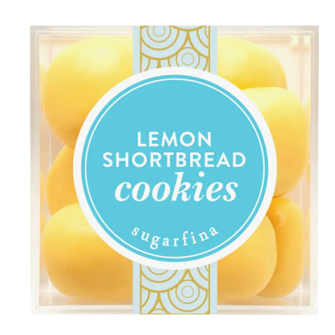 Sugarfina lemon shortbread cookies in an acrylic box.