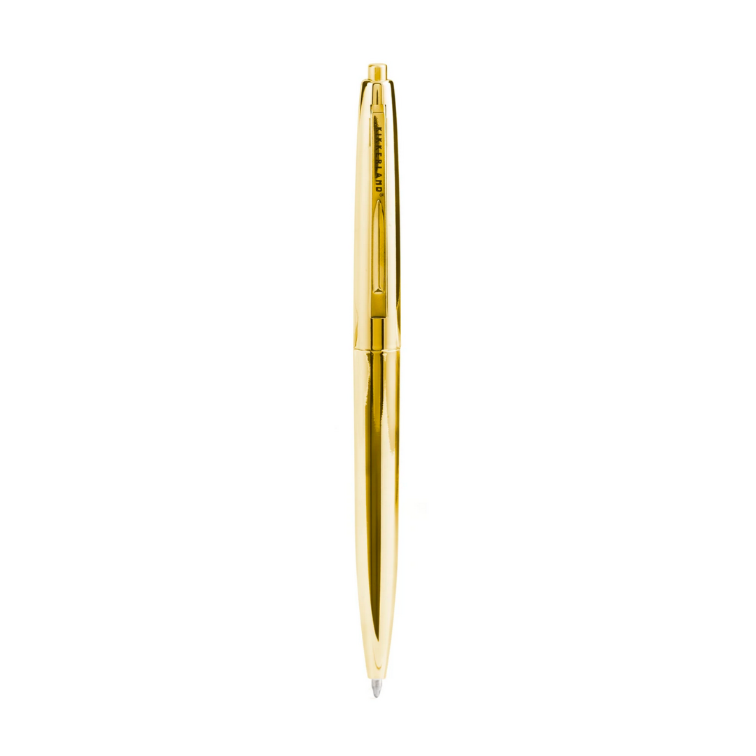 Shiny gold metal pen with intricate detailing and smooth grip for a luxurious writing experience.