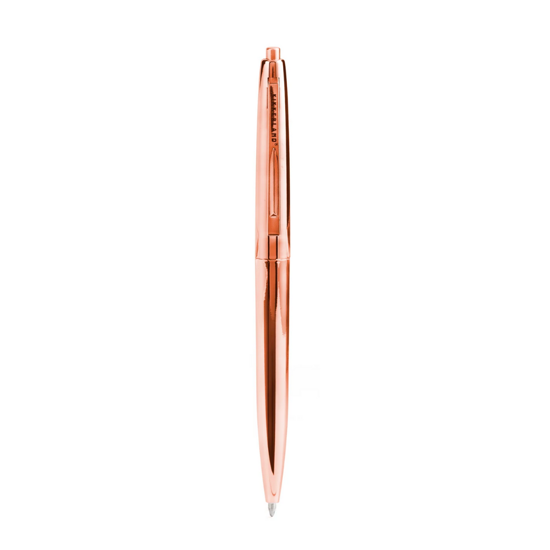 Shiny rose gold metal pen with elegant design, perfect for a touch of sophistication in your writing.
