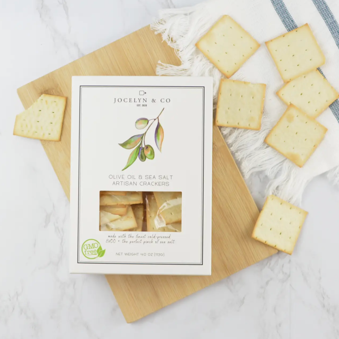 Gourmet crackers - Infused with olive oil and sprinkled with sea salt, elevating your snacking experience.