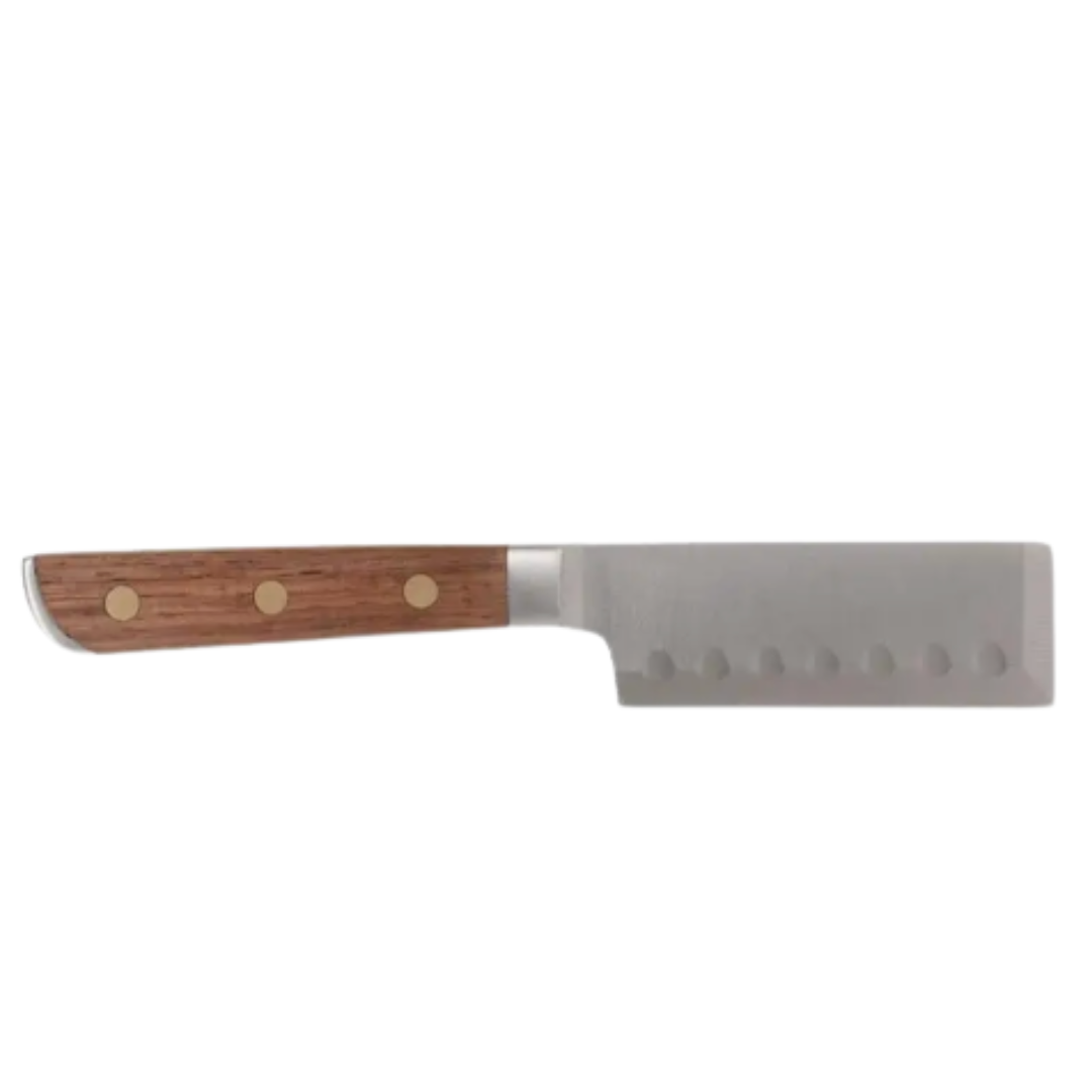 Elegant stainless steel cheese knife with a wooden handle, beautifully presented in a gift box.