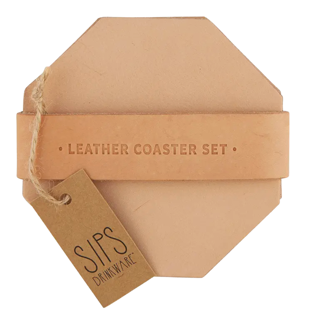 Stylish set of four leather drink coasters in octagon shape, adding a touch of sophistication to your table.