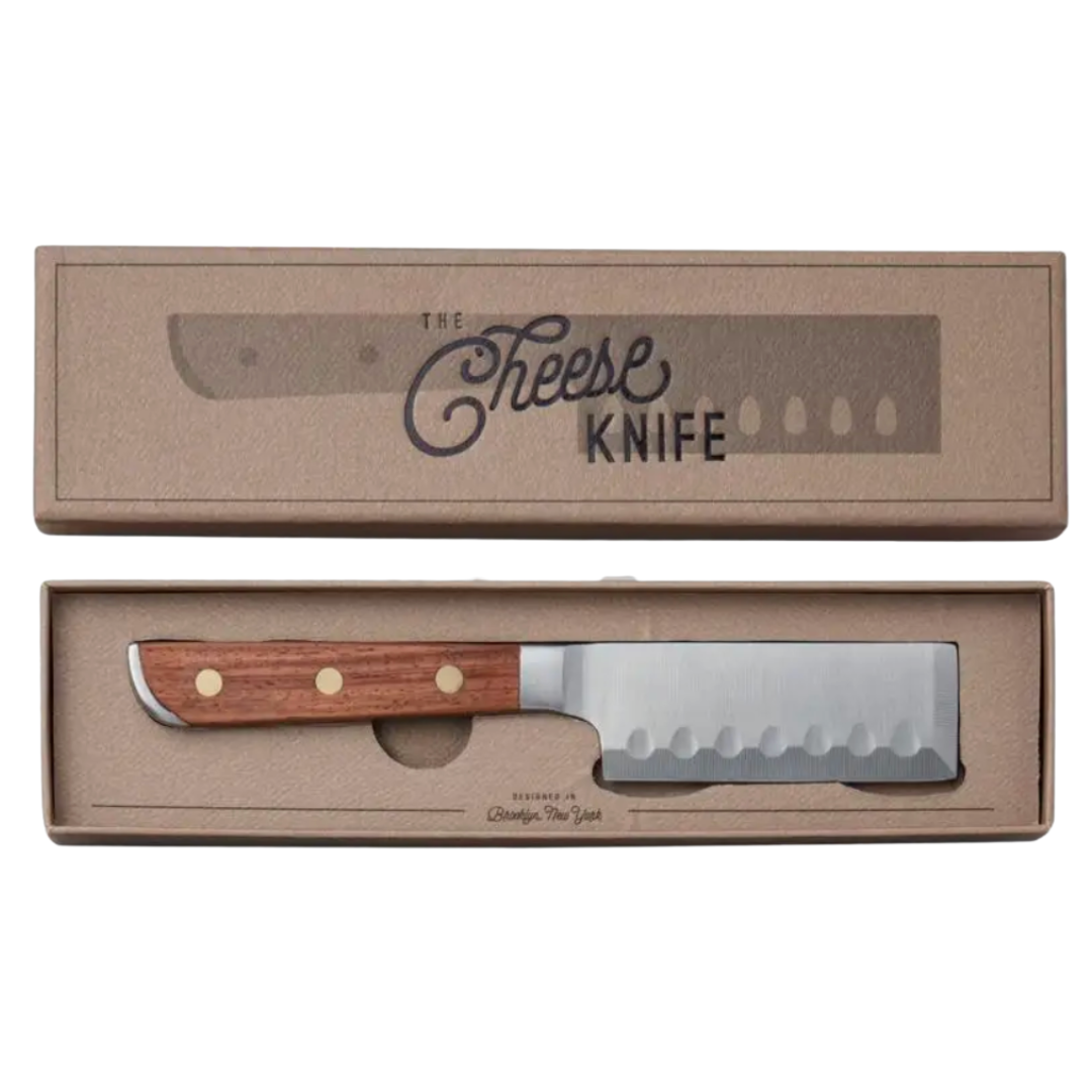Elegant stainless steel cheese knife with a wooden handle, beautifully presented in a gift box.