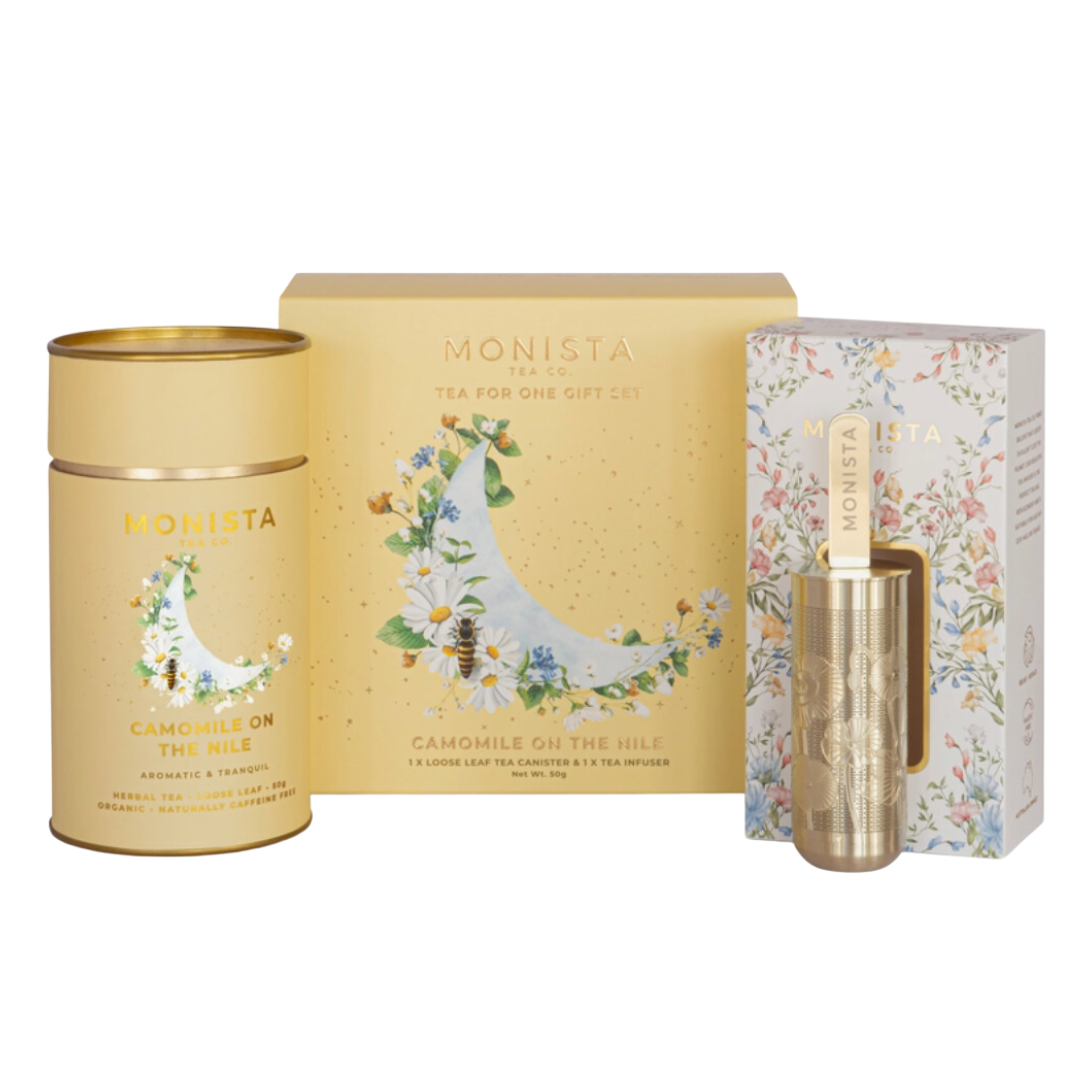 Organic camomile tea set with elegant infuser for a luxurious tea experience.