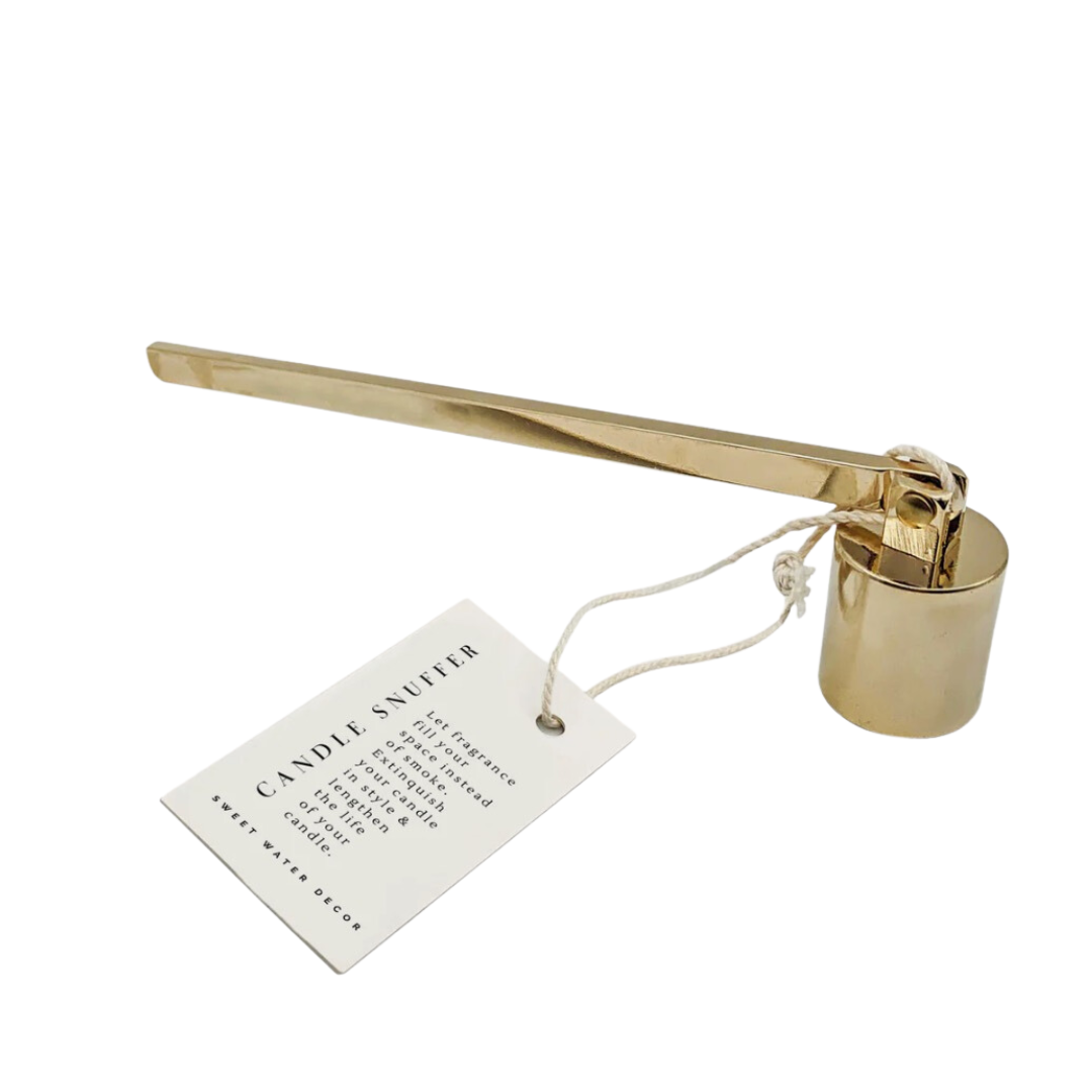 Handcrafted gold metal candle snuffer by Sweet Water Decor, elegantly designed for extinguishing candles safely and stylishly.