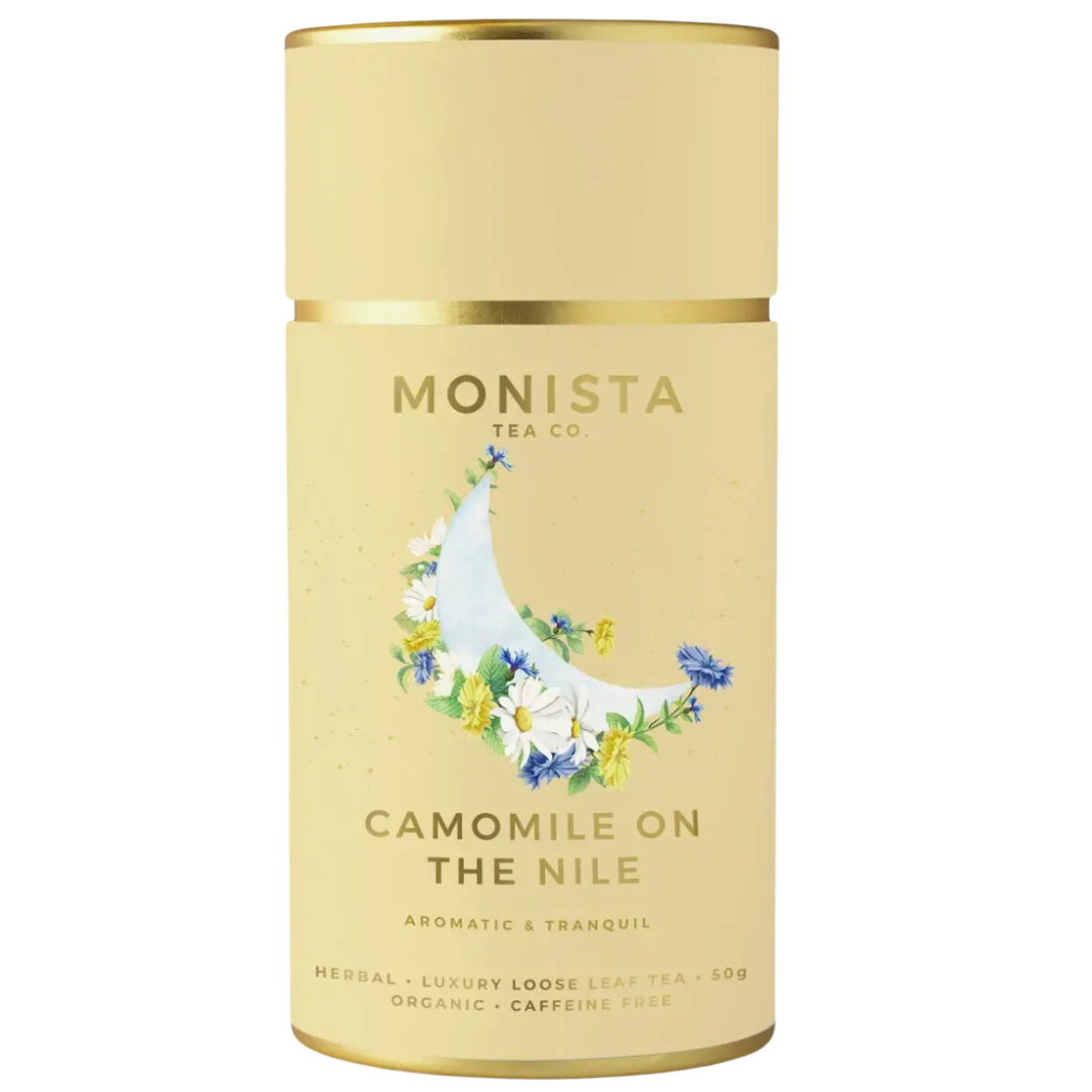 Organic chamomile loose leaf tea in a vibrant yellow cylinder from Monista Tea Co, perfect for soothing relaxation.