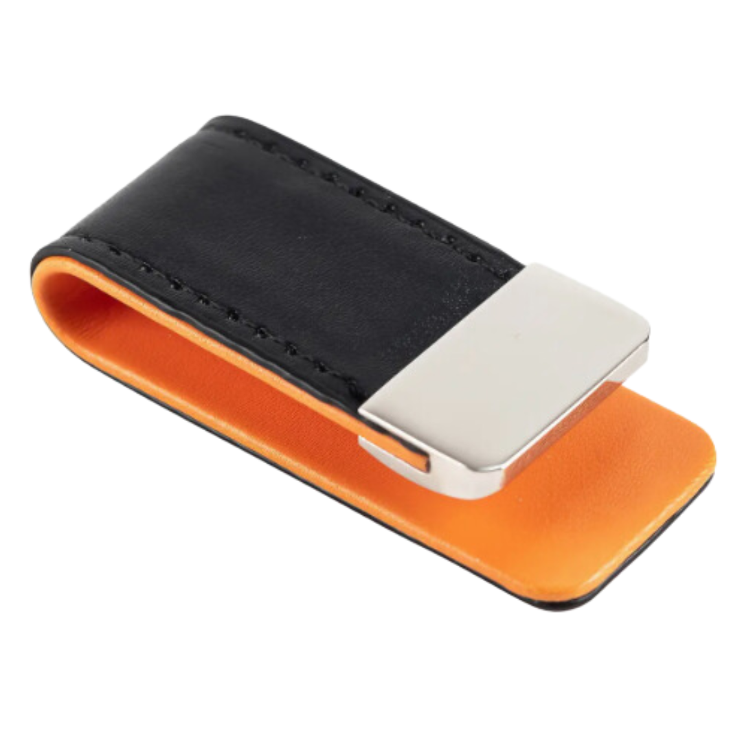 Stylish black leather clip with contrasting orange accents.