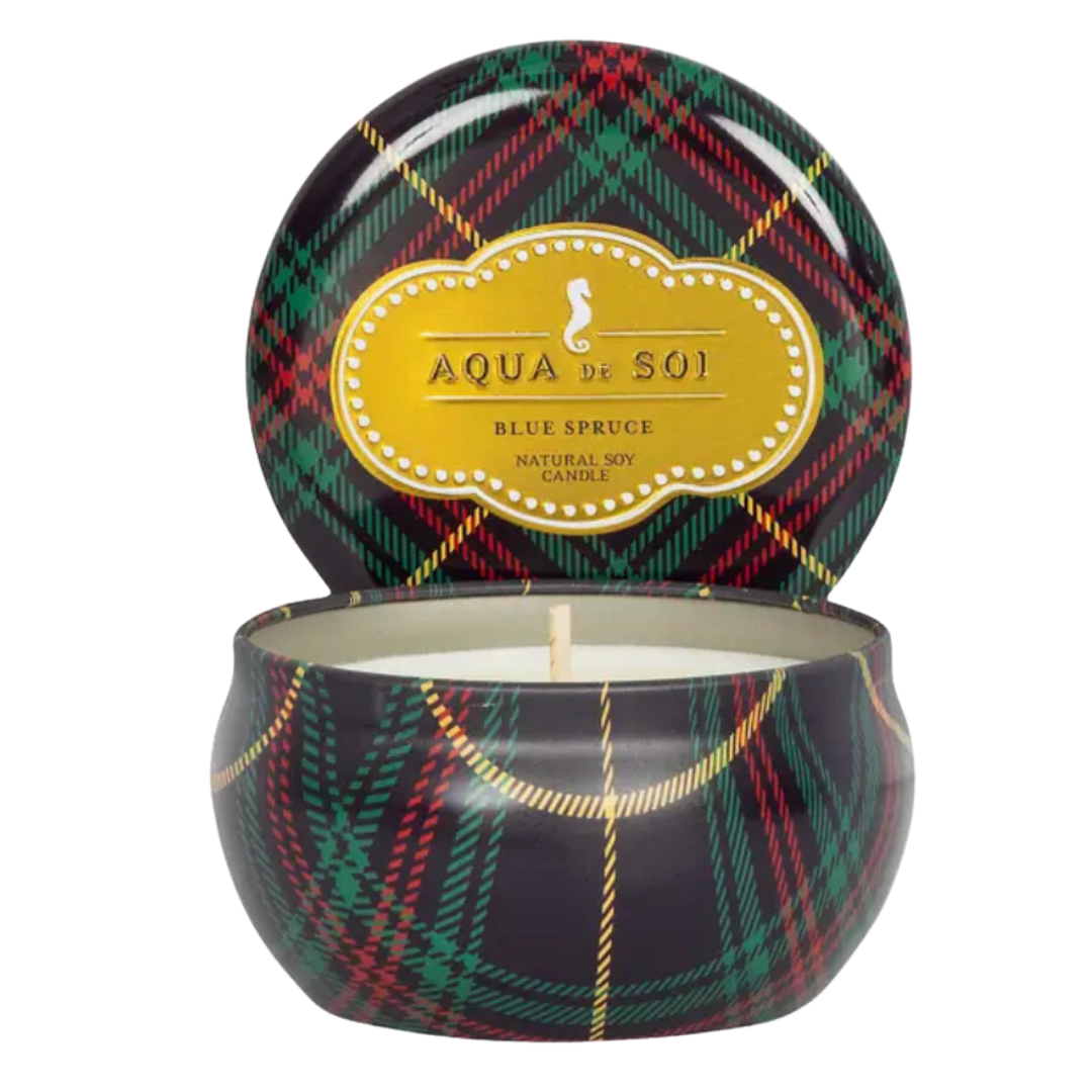 Navy plaid soy tin candle: refreshing blue spruce scent.