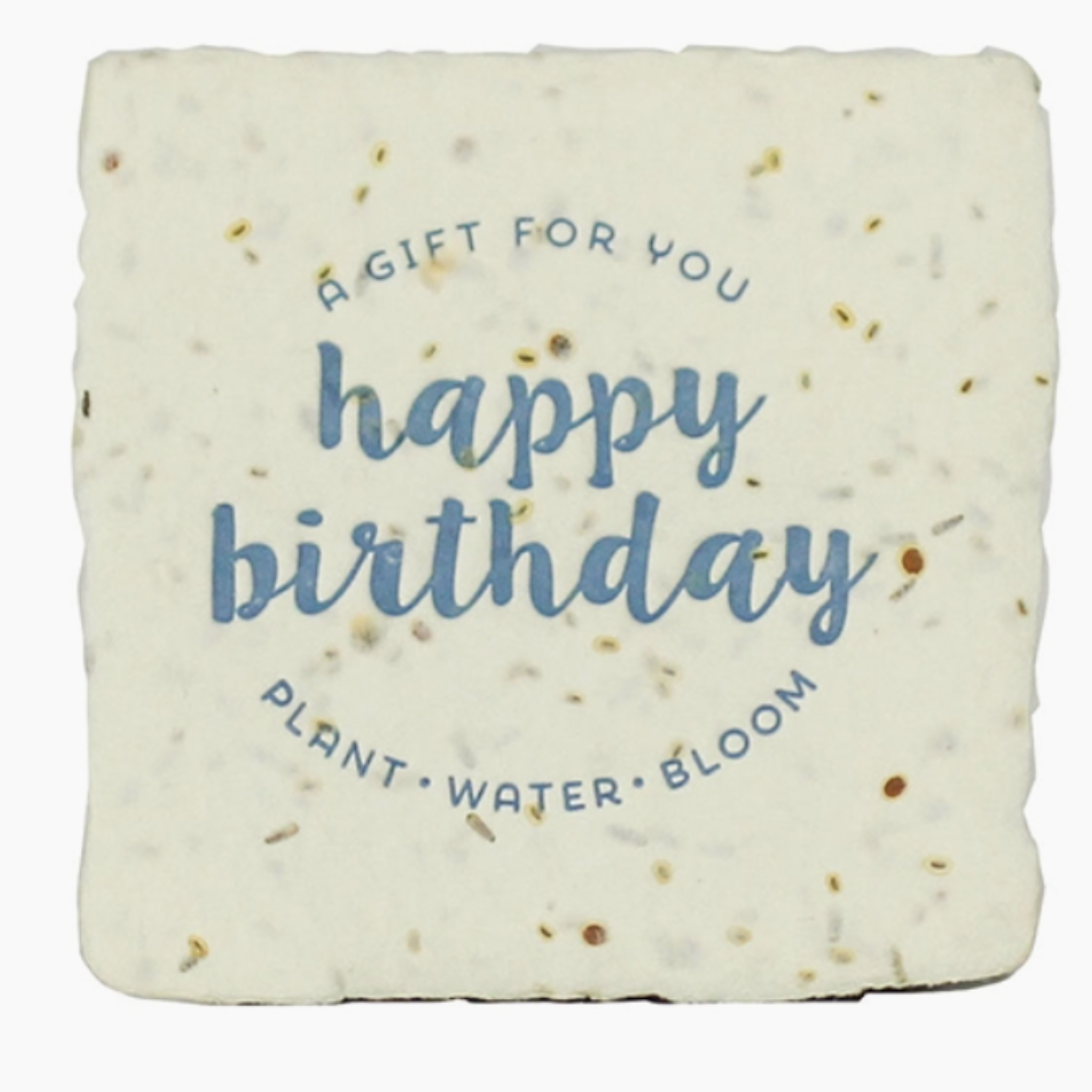 3-inch square birthday card and glassine envelope with blooming flower seeds inside, ready to plant and grow joy. A gift that blossoms with happiness!