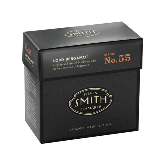 Charcoal box of Smith Teamaker Earl Grey Black Tea Blend, 15 loose leaf sachets individually wrapped.
