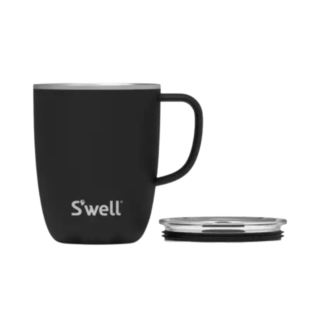 Sleek black S'well insulated mug with handle and sliding lid for stylish and convenient on-the-go sipping.