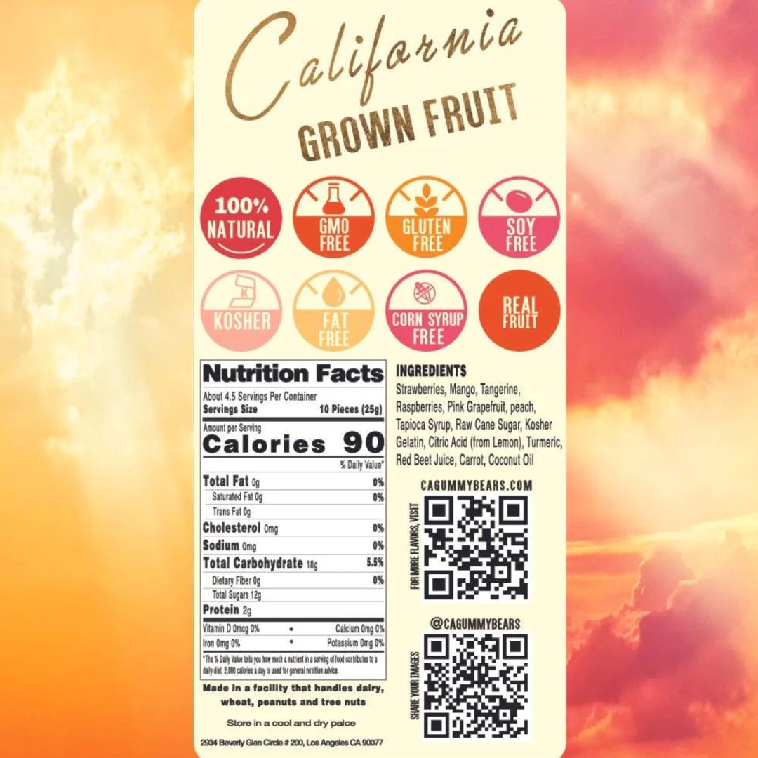 Small clear package showcasing 4oz of delightful California Mixed Fruit Gummy Bears, capturing the essence of cherry, orange, grape, and lemon in each chewy treat.