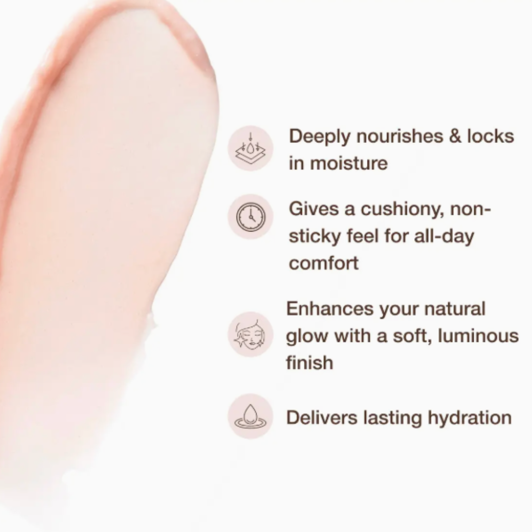 Brown lettering describing lip balm benefits on a white background with a pink smear of lip balm on the side.