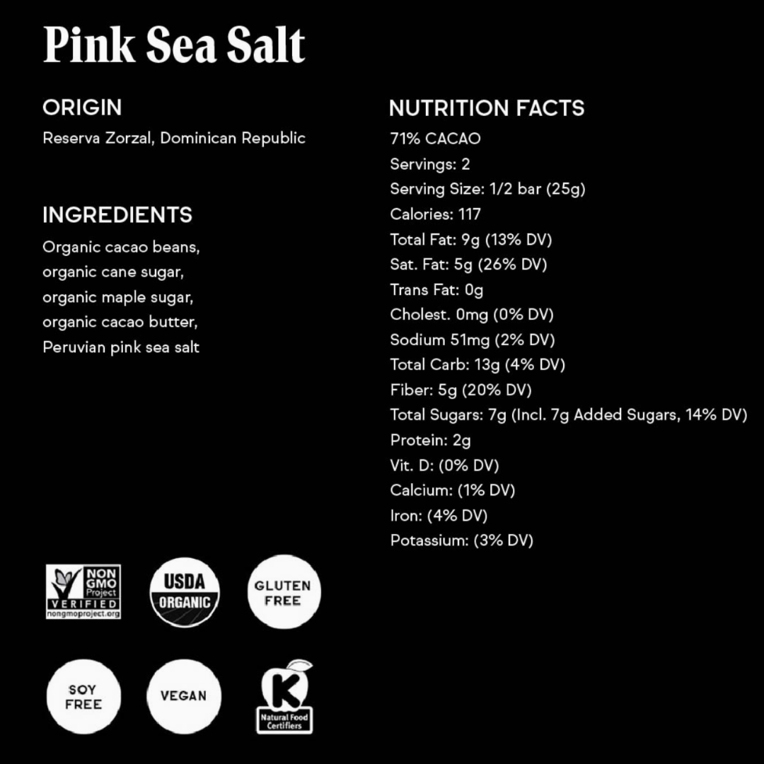 White text on a black background of Raaka's Pink Sea Salt dark chocolate bar.