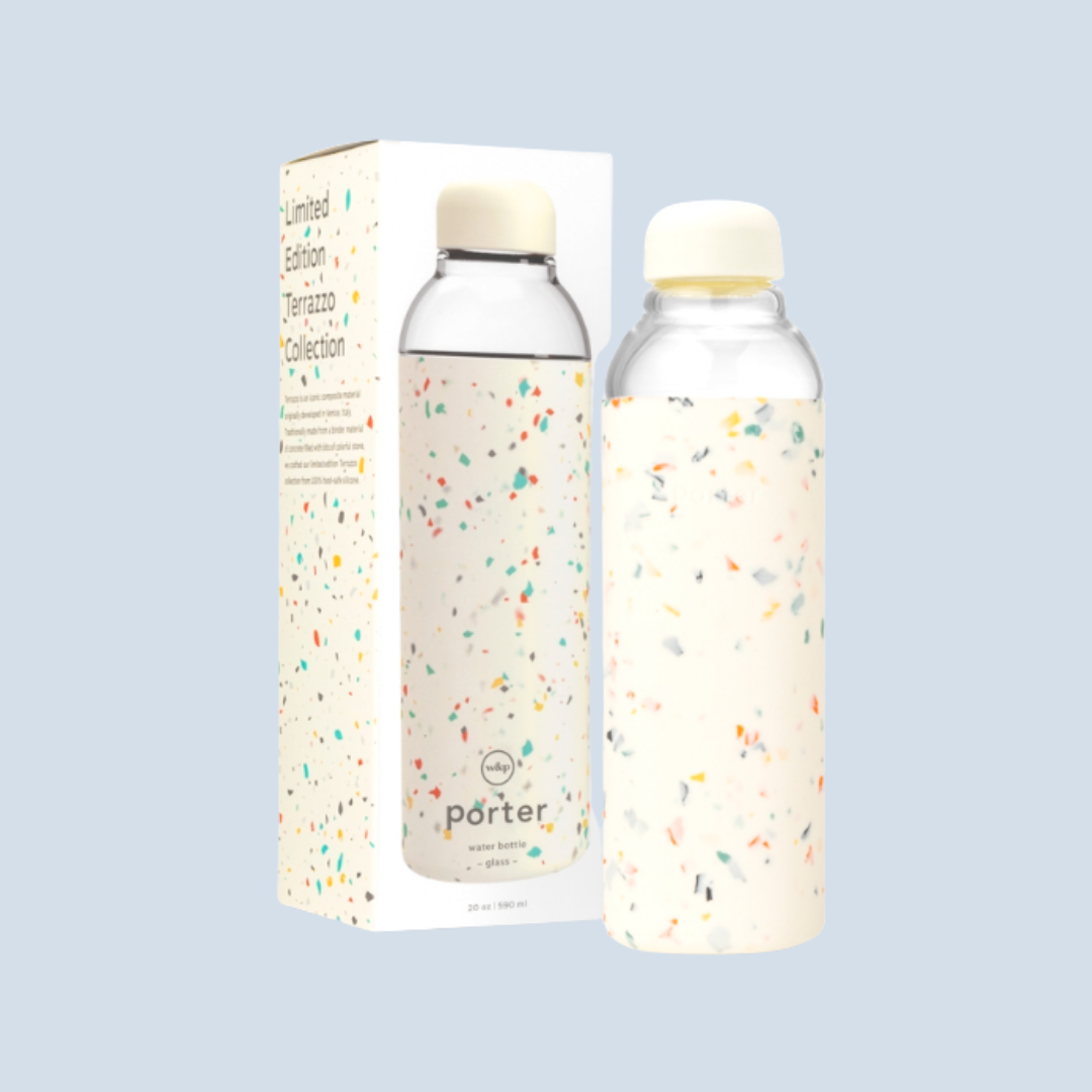 Porter 20oz glass and silicone reusable terrazzo water bottle.
