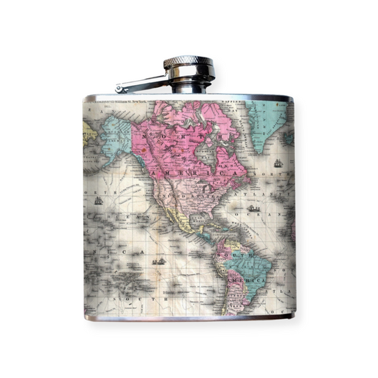 6oz stainless steel hip flask featuring a stylish world map design, perfect for on-the-go libations with a touch of global wanderlust.