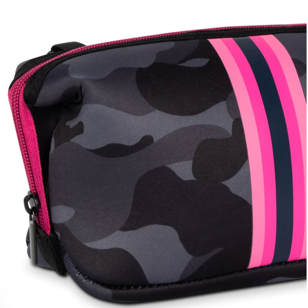 Chic midnight camo neoprene cosmetic case with a pop of pink.