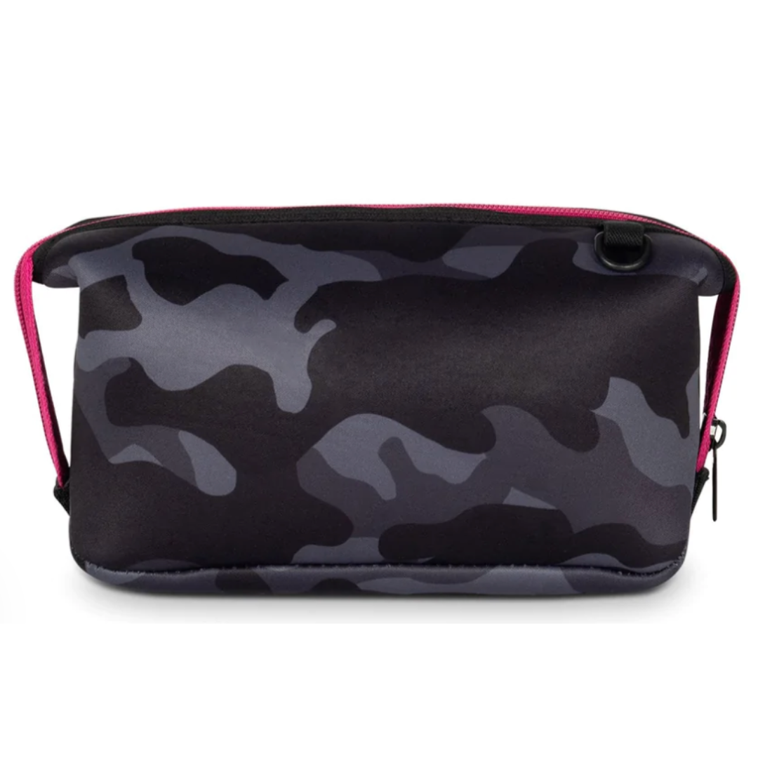 Sleek neoprene case in midnight camo, accented with vibrant pink.