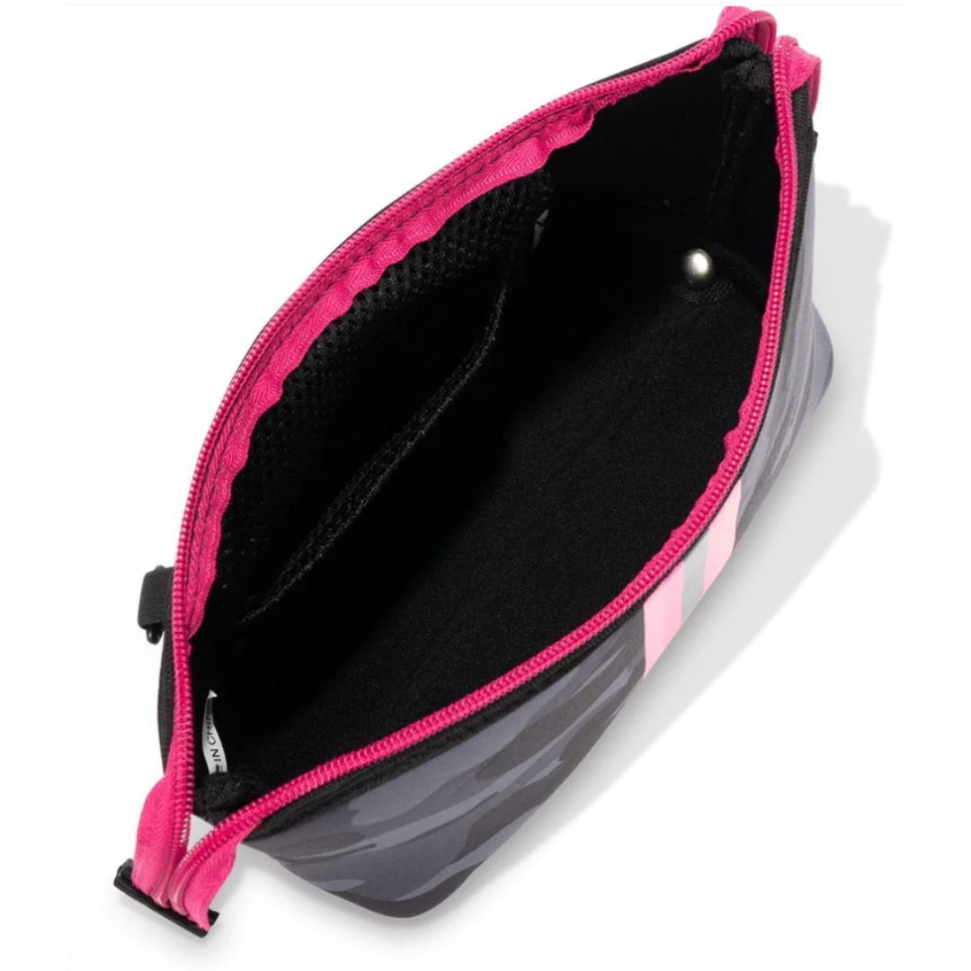 Stylish pink neoprene makeup bag featuring a midnight camo design.