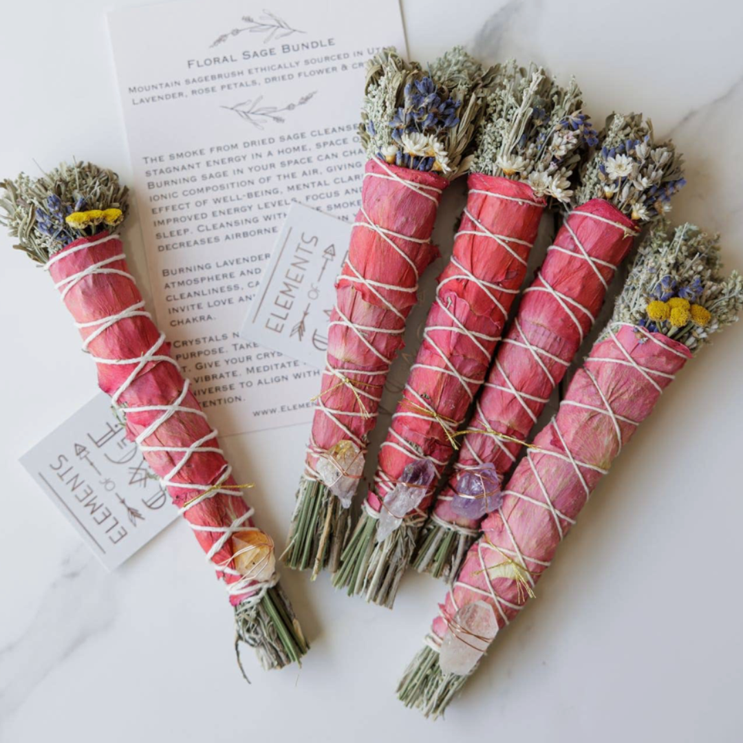 Floral sage bundle with genuine crystal for cleansing rituals and positive energy.