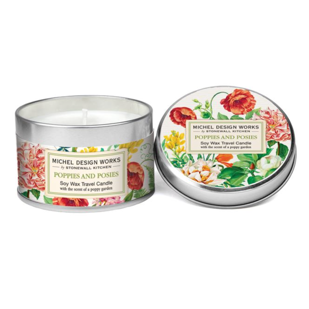 Michel Design Works Poppies & Posies soy wax tin candle: vibrant floral essence, elegantly sealed with lid.