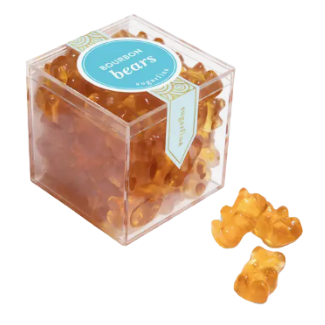 Sweet, bourbon-flavored gummy bears without the alcohol, perfect for a guilt-free indulgence.