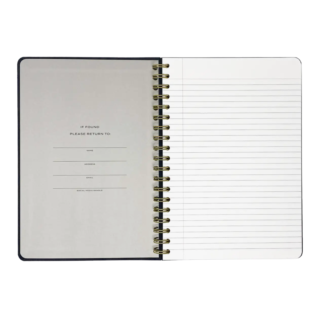 Charcoal linen covered juornal with lined pages and an elastic closure to write down all your thoughts and notes.