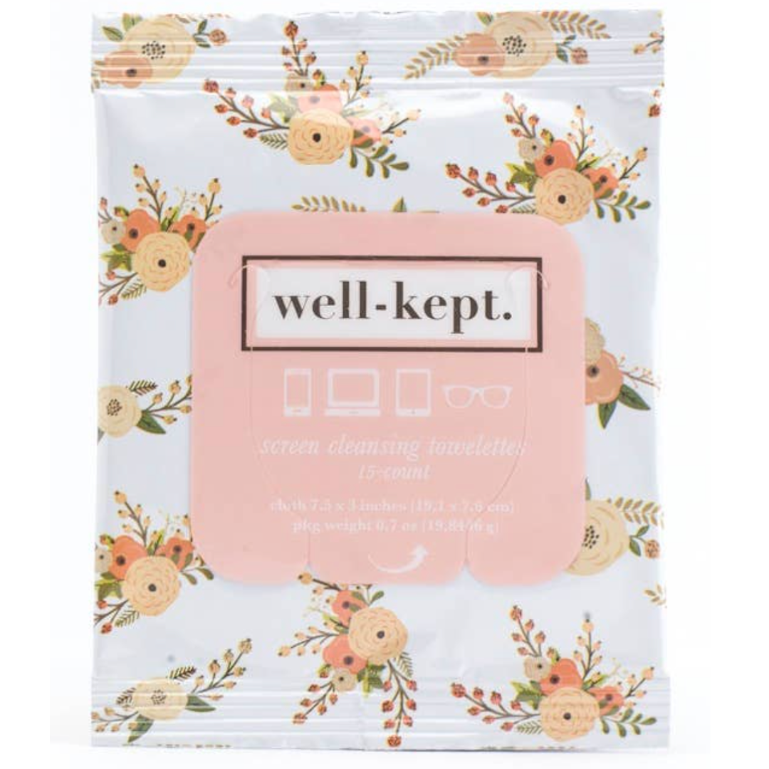 15 screen cleaning towelettes in a chic floral pouch by Well-Kept, perfect for device care and on-the-go cleanliness.