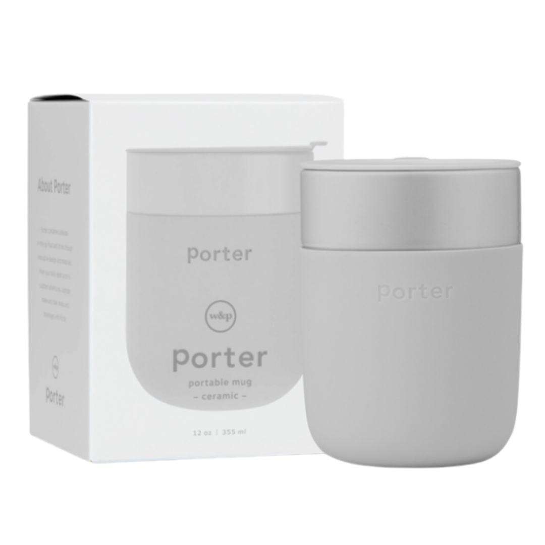 Porter's 12oz grey ceramic mug with silicone wrap - a stylish and eco-friendly choice for your daily coffee or tea.