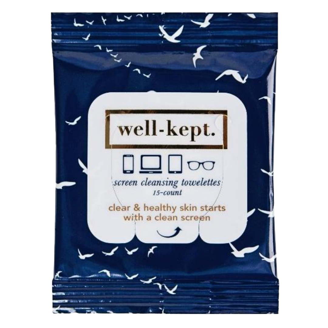Navy Well-Kept screen cleaning wipes with 15 pre-moistened towelettes - keeping your devices clear and smudge-free.