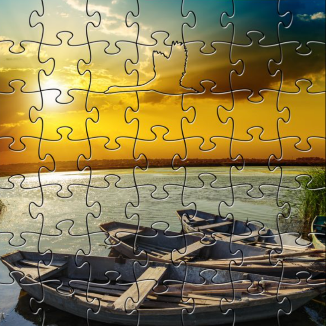 Rustic puzzle: Boats navigate the Yellow River under a warm sunset, captured in a scenic wooden jigsaw.