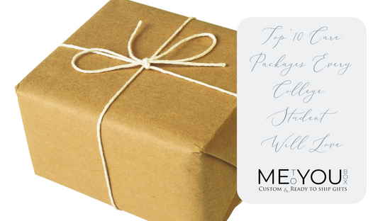 College care package gift wrapped in brown kraft paper with a white string.