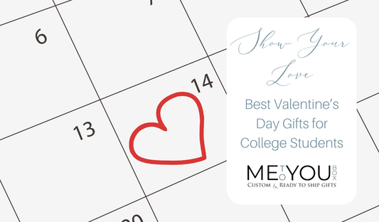 College Students Valentine's Day gifts with a red heart on a white and black calendar background.