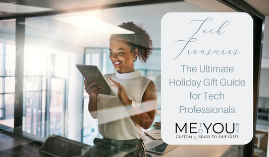 Me To You Box blog featuring the best holiday gift ideas for employees in the tech industry. Blog features an image of a woman holding a computer in a work environment.