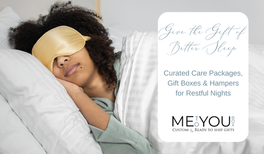 A woman asleep in bed of white sheets with yellow satin eye mask.