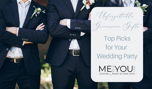 Me To You Box blog about the best gifts to give groomsmen. The blog features a groomsmen bridal party standing together in tuxedos with corsages on.