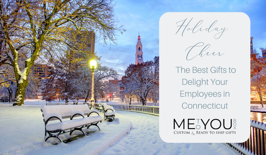 Me To You Box blog about the best gifts to give employees in Connecticut featuring a photo of a snow covered Connecticut street and park benches at dusk.
