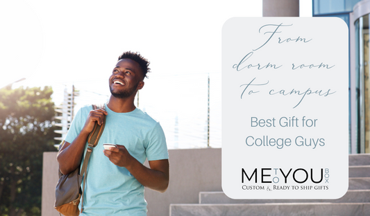 Me To You Box care packages for college students. This blog features an image of a male college student wearing a blue t-shirt and a back pack walking outside on a sunny day, smiling.