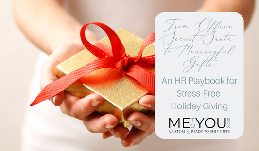 Two hands holding a gold box wrapped with a red ribbon at the top of a blog about a HR guide for stress-free holiday giving.