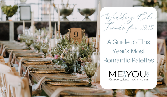 Dinner table of 2025 wedding color palette swatches including dusty blue, blush pink, terracotta, and emerald green with floral and fabric samples — representing trending romantic wedding colors.
