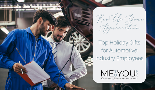 Me To You Box blog featuring the best holiday gifts for employees in the automotive industry.  The blog shows an image of two men working on a car in a car shop environment.