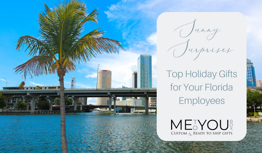 Me To You Box blog featuring the best holiday gifts for employees in the state of Florida.  The blog features an image of the Florida sky line on a sunny day with calm water, a palm tree and blue skies.
