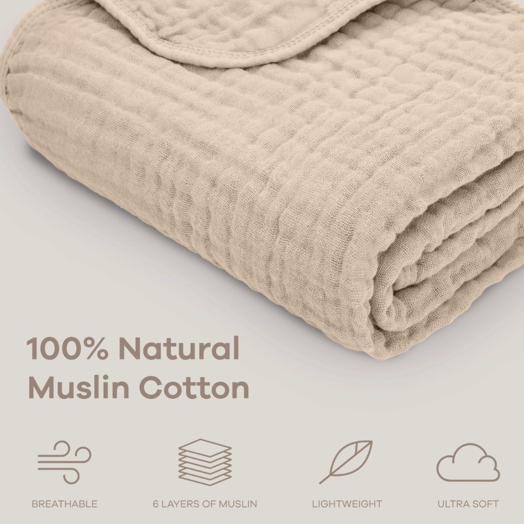 Folded beige muslin cotton blanket with text and icons on a light gray background